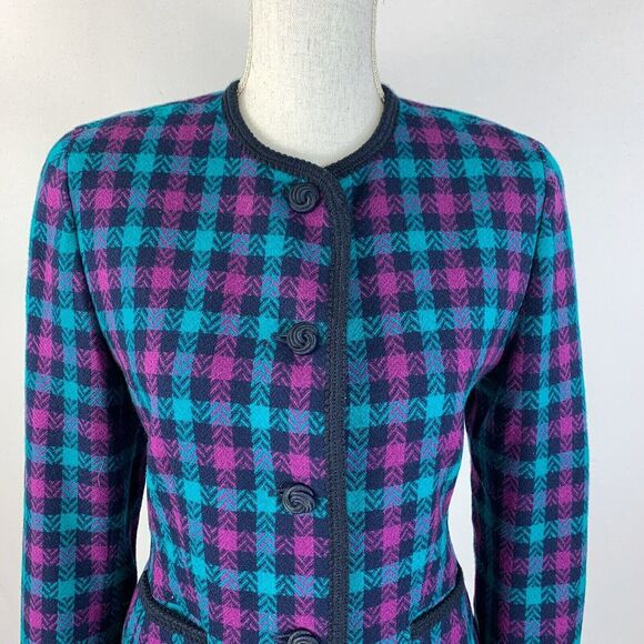 Vintage Pendleton Blazer Green Purple Check Long Sleeve Wool Buttons Size 6 - Picture 4 of 11
